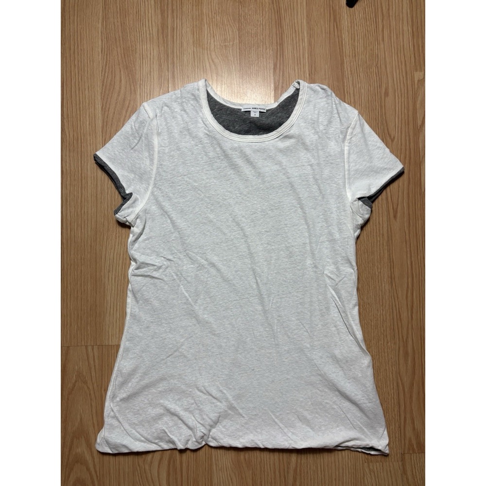 James Perse Top Womens 3 Lg White Gray Double Layer Scoop Neck Minimalist Luxury